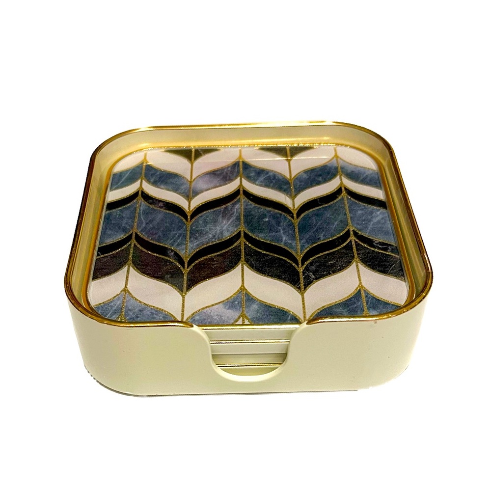 Mykonos Coasters, Blue and White with Gold Trim, Set of 4